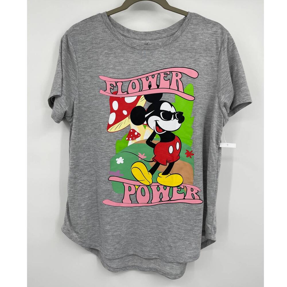 Disney Mickey Mouse Juniors XXL Gray Flower Power Short Sleeve Tshirt Tee NEW